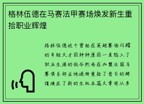 格林伍德在马赛法甲赛场焕发新生重拾职业辉煌 格林伍德在马赛法甲赛场焕发新生重拾职业辉煌