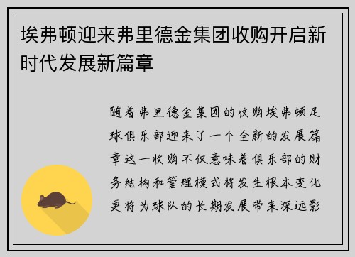 埃弗顿迎来弗里德金集团收购开启新时代发展新篇章