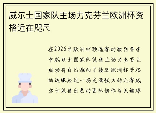 威尔士国家队主场力克芬兰欧洲杯资格近在咫尺 威尔士国家队主场力克芬兰欧洲杯资格近在咫尺